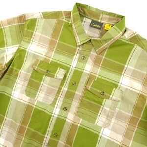 Cabela's‎ Shirt Mens 2XL Green Plaid Short Sleeve Button Up Stretch Outdoor